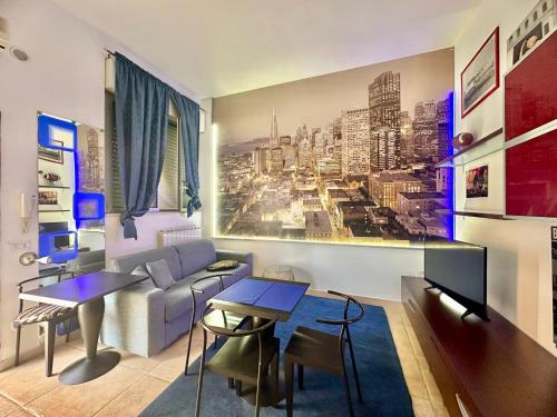 a living room with a city skyline mural on the wall at CIAOBRO Apartment in Modugno