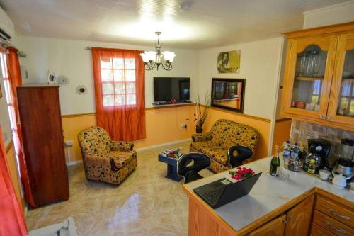 eine Küche mit einem Wohnzimmer mit einem Laptop auf der Theke in der Unterkunft River Breeze Villa, 5 minutes to beach and town in Soufrière