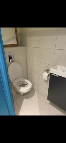 une salle de bain avec des toilettes blanches et un lavabo dans l'établissement Apparemment 2 pièces ensoleillé, à Cannes