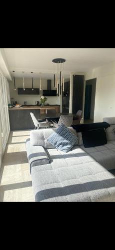 un salon avec un canapé et une cuisine dans l'établissement Apparemment 2 pièces ensoleillé, à Cannes