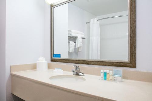 Hampton Inn Council Bluffs في كاونسيل بلافز: حمام مع حوض ومرآة