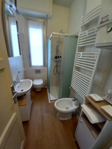 a bathroom with a shower and a toilet and a sink at Ossola Bella la tua casa in Domodossola