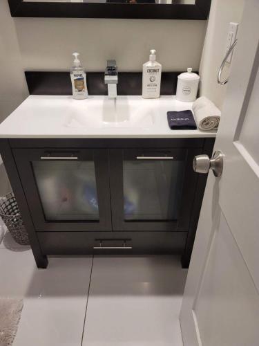 a bathroom with a sink and a white counter at Hot Tub Four Seasons in Philadelphia