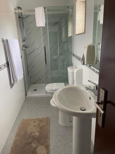 a bathroom with a shower and a toilet and a sink at Solar S.Bento in Santo Tirso