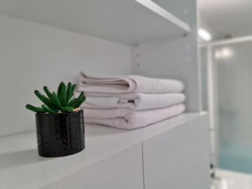 a white bathroom with towels and a plant on a shelf at Eden apartment in Kornić