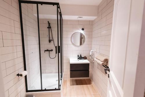 La salle de bains est pourvue d'une douche et d'un lavabo. dans l'établissement K-suites, à Bruxelles