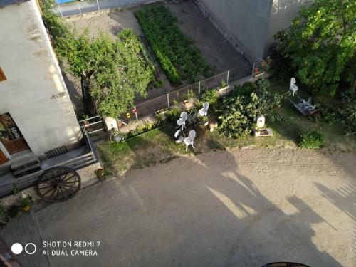 an overhead view of a garden with white dogs at Appartement de montagne à La LLagonne in La Llagonne
