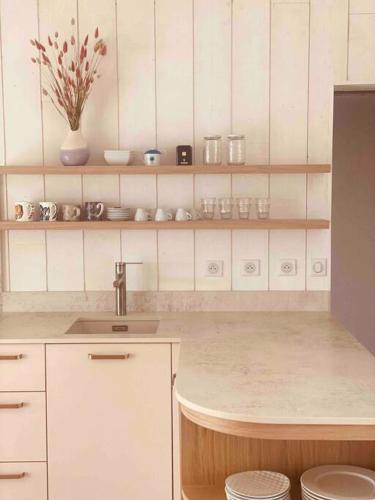 une cuisine avec un évier et un plan de travail dans l'établissement Esprit Cabane La Hume - Terrasse & Vue sur le Port, à Gujan-Mestras