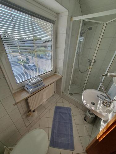a bathroom with a shower toilet and a sink at Appartementhaus Henghuber in Bad Füssing