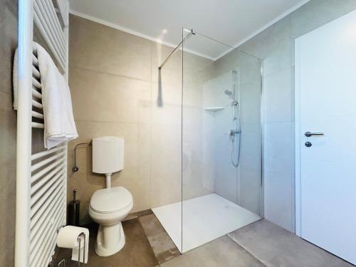 a bathroom with a toilet and a glass shower at Apartma Jana in Žirovnica