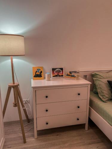 a bedroom with a dresser with a lamp and a bed at Elegant Park Copou 2 rooms AB Homes in Iaşi
