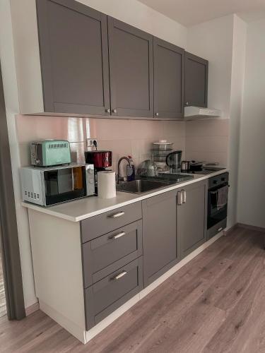 a kitchen with gray cabinets and a sink and a microwave at Elegant Park Copou 2 rooms AB Homes in Iaşi