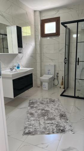 a bathroom with a sink and a toilet and a mirror at Özçelik Apart in Çaykara