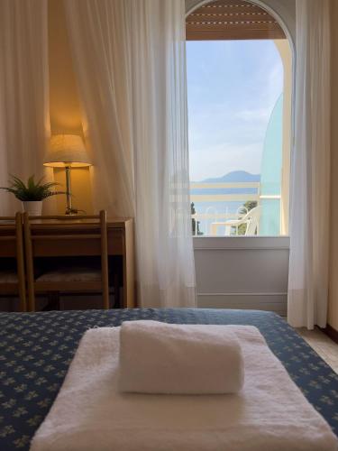 a bedroom with a bed with a window and a desk at Hotel Benacus Torri del Benaco in Torri del Benaco
