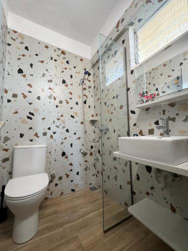 a bathroom with a toilet and a sink at Avra Boutique in Benitses