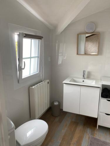bagno con lavandino, servizi igienici e finestra di Maison 10km du puy du fou 50 m2 a Mortagne-sur-Sèvre