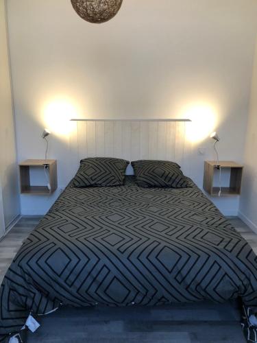 a bedroom with a large bed with two lamps at jolie maison de bourg in Arvert