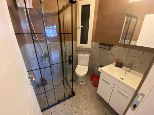 een badkamer met een douche, een toilet en een wastafel bij Antik Apartments Marmaris in Marmaris