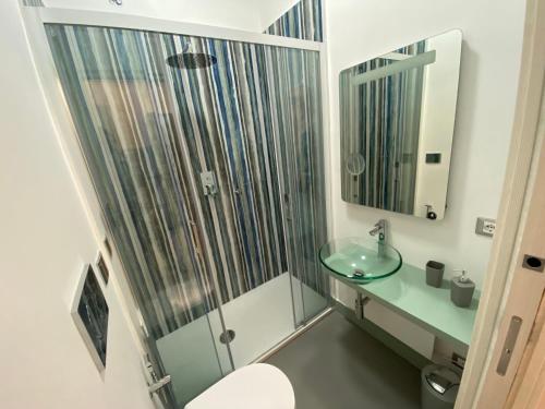 La salle de bains est pourvue d'une douche en verre et d'un lavabo. dans l'établissement Alice's Studio, à Santa Marinella