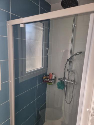 une douche avec une porte vitrée dans une salle de bain dans l'établissement maison du bonheur, à Mimizan