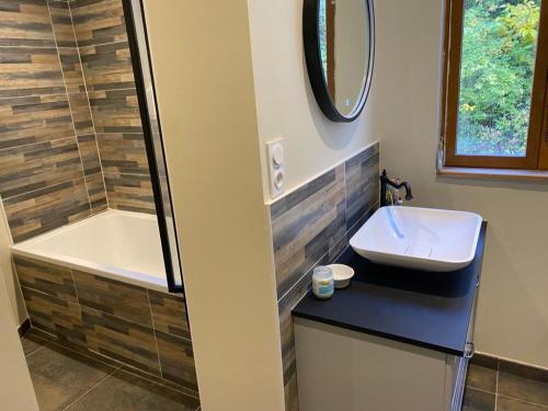 ein Badezimmer mit einem Waschbecken, einer Dusche und einer Badewanne in der Unterkunft Grand appartement terrasse au coeur des Bauges in Le Châtelard