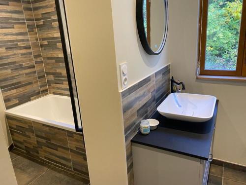une salle de bain avec un lavabo, une douche et une baignoire dans l'établissement Grand appartement terrasse au coeur des Bauges, à Le Châtelard