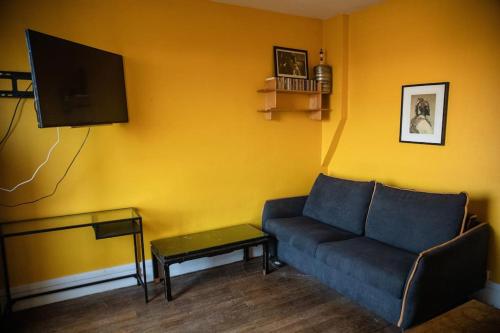 uma sala de estar com um sofá e uma televisão em Paris Flea Market Comfy Flat em Saint-Ouen