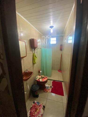 baño pequeño con ducha y lavamanos en Flats com cozinha en Feira de Santana