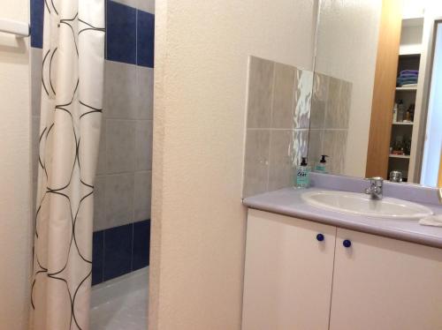 une salle de bain avec un lavabo et une douche dans l'établissement Maisonette climatiséé, à Calvisson