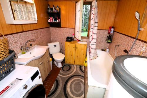 a bathroom with a toilet and a sink and a washing machine at Chata Skřinářov 