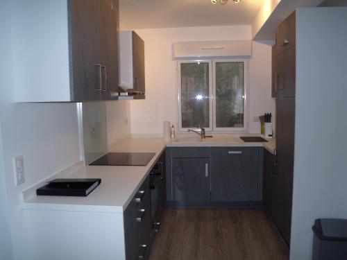 une cuisine avec un évier et un plan de travail dans l'établissement Appartement T3 spacieux au centre du village, à Cauterets