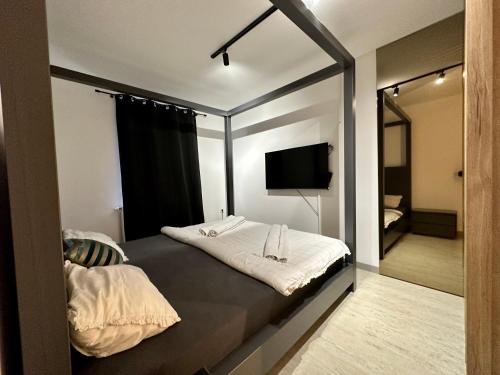 a room with a bed with a mirror and a tv at Villa Coco in Sarajevo