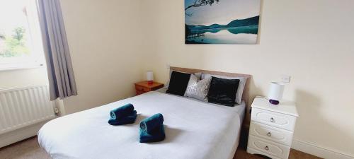 a bedroom with a bed with two blue pillows on it at Eden house in Appleby