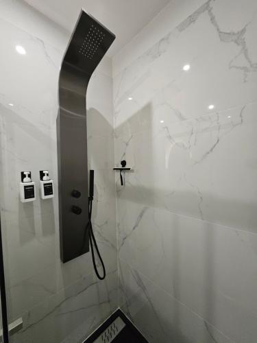 a bathroom with a shower with white marble walls at hébergement privée Jaccuzzi en supplément in Saint-Clair-du-Rhône