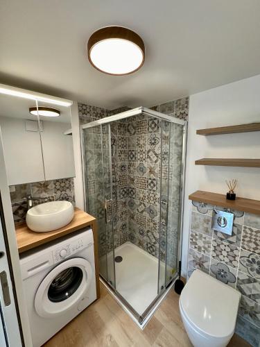 a bathroom with a shower and a washing machine at Studio "Cocon Suspendu" 4 pers-Terrasse-Clim-Barbecue-15km des plages in Montpellier