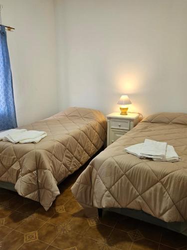 zwei Betten in einem Zimmer mit einer Lampe auf einem Tisch in der Unterkunft Casa de Mayo in Tinogasta