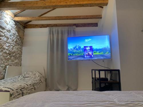 um quarto com uma cama e uma televisão na parede em House Franulich em Stara Baška