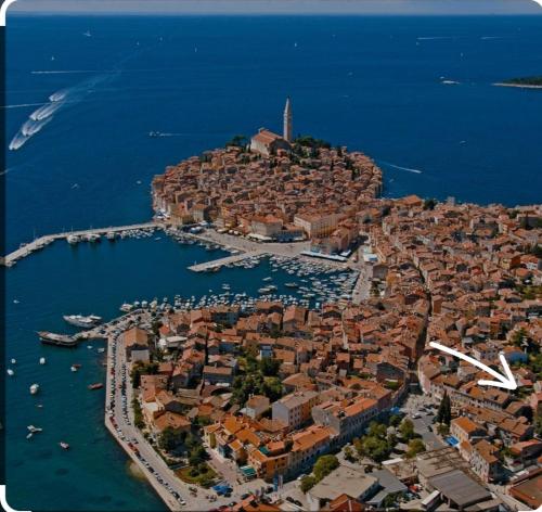 an aerial view of a city with a harbor at Dolce Studio Apartmani in Rovinj