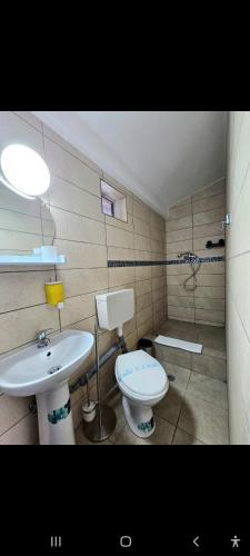 a bathroom with a toilet and a sink at Casa Wanted Orsova in Orşova
