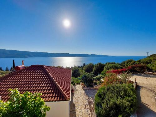 a view of a house with a view of the water at Villa Tramonto in Lévki