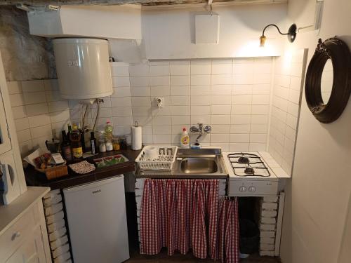 eine kleine Küche mit Herd und Spüle in der Unterkunft Hobbit house lubenice in Lubenice