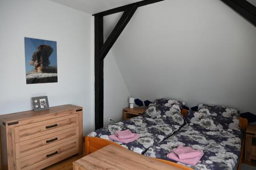 a bedroom with a bed and a wooden dresser at Strażnica Pod Lasem in Lasowka