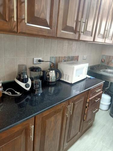 a kitchen counter with a blender and a microwave at فيلا مريم in Cairo