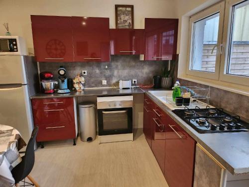 La cuisine est équipée de placards rouges et d'un four avec plaques de cuisson. dans l'établissement Maison de campagne, à Norrois