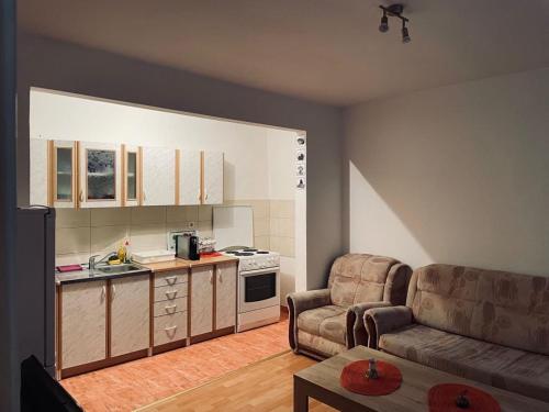 un salon avec un canapé et une cuisine dans l'établissement Apartman Amela, à Mostar