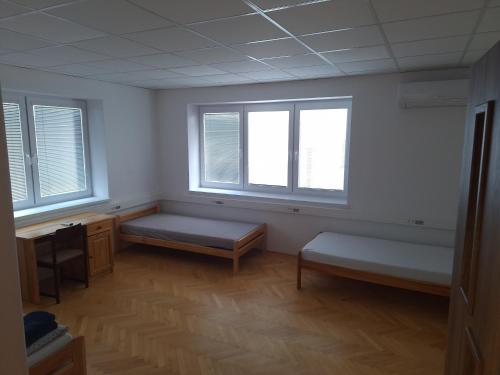 a room with two windows and a bed and a desk at Apartmán Stummerova in Topoľčany