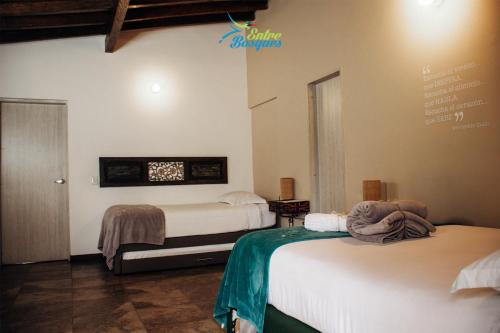 um quarto de hotel com duas camas e uma janela em Entrebosques em Santa Elena