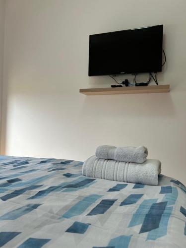 a bedroom with a bed with a flat screen tv on the wall at Nirvana 06 in Zlatibor