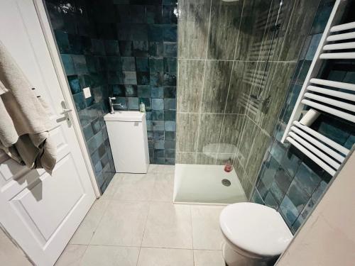 La salle de bains est pourvue d'une douche et de toilettes. dans l'établissement VILLA LINDA, à Tremblay-en-France