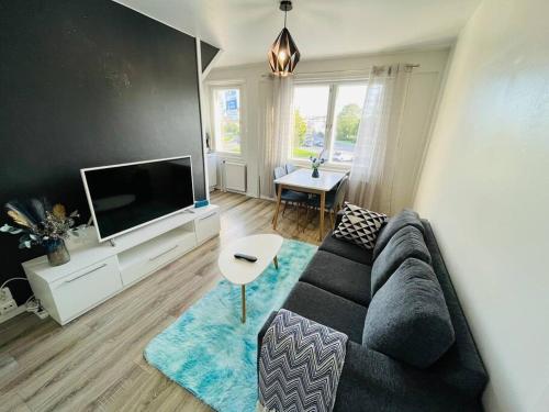 uma sala de estar com um sofá e uma televisão de ecrã plano em Fresh apartment 450m to Turku bus station em Turku